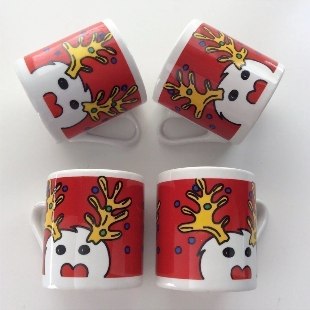 Vintage NEW Espresso Christmas Reindeer Coffee Cups SET OF 4 Whimsical Holiday